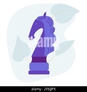 Horse chess piece. Vector flat colorful isolated illustration. Abstract blue stain and leaves on background. Chessman Stock Vector