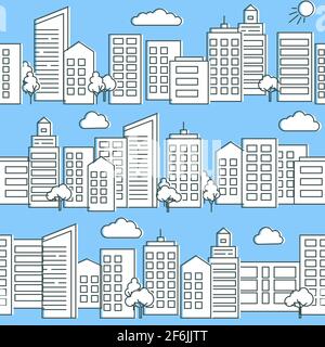 City street seamless pattern in flat style. Thin line urban background with modern buildings and skyscrapers. Stock Vector