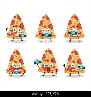Photographer profession emoticon with slice of beef pizza cartoon character. Vector illustration Stock Vector