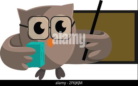 Owl bird Bring Book and pointing to blank board. template design Smart Education with Owl Symbol Stock Vector
