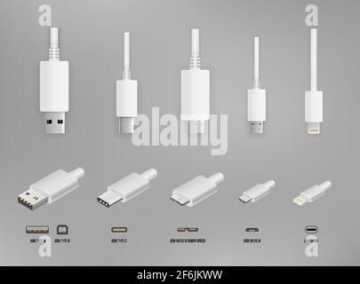 Top and perspective 3D view Vector white colored USB standart type A and type C plugs, micro, lightning, universal computer cable connectors, vector i Stock Vector