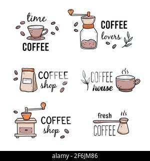 Coffee logotype template with hand drawn coffeemaker, grinder, coffee bean elements. Doodle sketch style. Vector illustration for coffee shop, cafe, restaurant logo, icon. Stock Vector