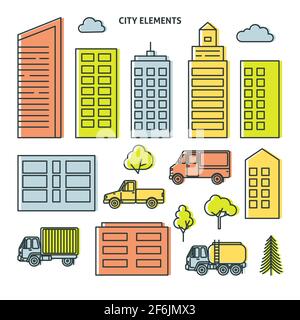 City elements set in thin line style. Collection of urban symbols - buildings, cars and trees isolated on white Stock Vector