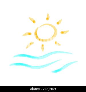 Sun and sea watercolor. Sunrise over the sea. Stock Vector