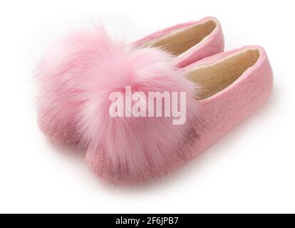 Felt slippers on white background in closeup Stock Photo