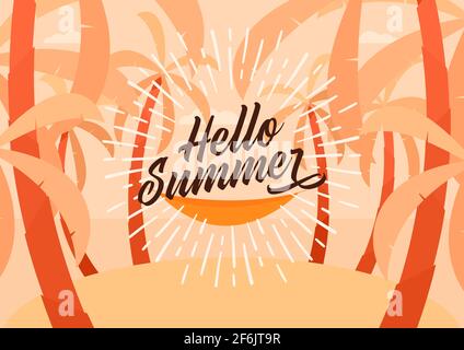 Hello Summer. Tropical island with palm trees background. Stock Vector