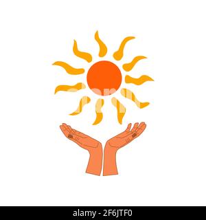 Human hands hold Sun. White background. Colorful simple vector hand drawn isolated boho illustration Stock Vector