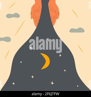 Human hands spill the night. Crescent and stars. Day and night. Sun rays and clouds. Night sky. Modern trendy art. Colorful boho vector illustration h Stock Vector