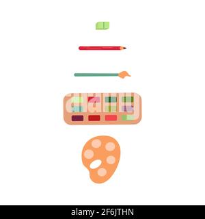 Painting set. Paints, brush, pencil, eraser, palette. Vector illustration in flat style on white background Stock Vector