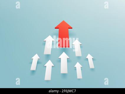 Group white 3d arrows directed upwards, progress way and forward achievement creative concept. Red arrow up to growth success. Stock Vector