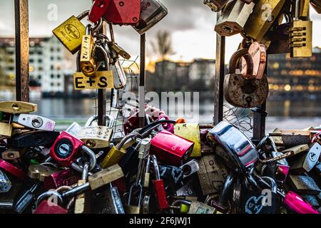 Berlin, Germany; January 31st 2019: Padlocks on a bridge Stock Photo
