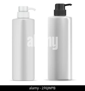 Pump bottle. Cosmetic lotion dispenser white plastic mockup. Moisturizer product container, realistic vector template. Pump batcher bottle, detergent Stock Vector