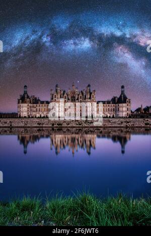 Loire, France - April 14, 2019: The castle of Chambord at night, Castle of the Loire, France. Chateau de Chambord, the largest castle in the Loire Val Stock Photo