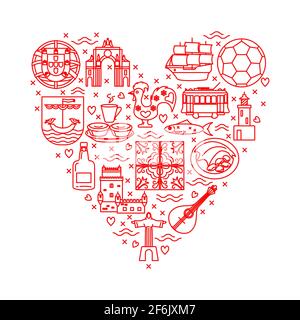 Travel Portugal concept with icons in line style. Traditional symbols set with national culture, cuisine and attractions. Banner or poster template wi Stock Vector