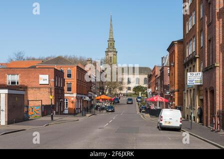 View up Ludgate Hill in Birmingham, looking towards St Paul's Church, St Paul's square in the Jewellery Quarter Stock Photo