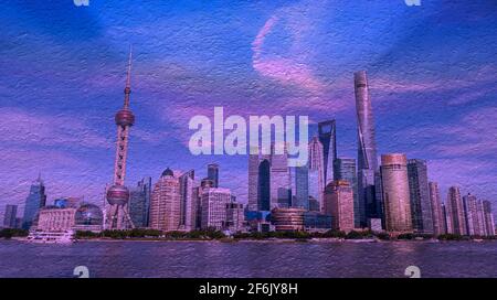 The painting of city street with colorful light,Shanghai The Bund at night Stock Photo
