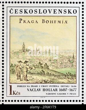 Czechoslovakian postage stamp (1981): View of Prague from Petrin Hill (1636) by Vaclav Hollar (1607-1677) Stock Photo