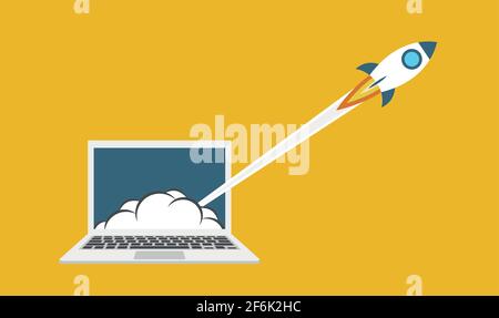 Startup vector concept, flat cartoon rocket launch, idea of successful business project start up, boost technology, innovation. Stock Vector