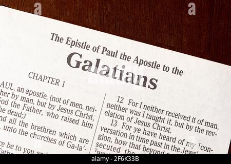 This is the King James Bible translated in 1611.  There is no copyright.  Title Page To Book of Galatians Stock Photo
