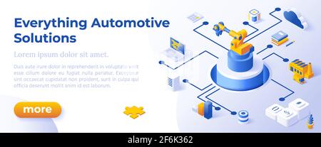 EVERYTHING AUTOMOTIVE SOLUTIONS - Isometric Design in Trendy Colors Isometrical Icons on Blue Background. Banner Layout Template for Website Development Stock Vector