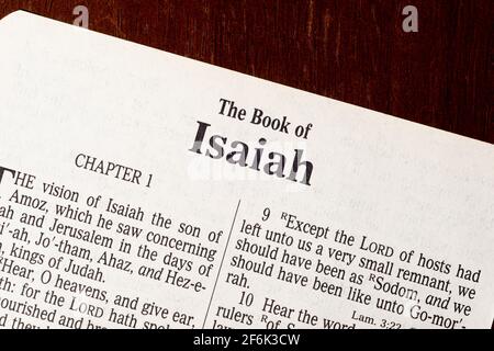 This is the King James Bible translated in 1611.  There is no copyright.  Close-up of the Title of the Book of Isaiah Stock Photo