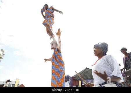 Nigerian students performing during the Olojo Festival, Ile-Ife, Osun State, Nigeria. Stock Photo