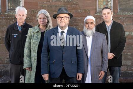 Scone, Perth, Scotland, UK. 1st Apr, 2021. PICTURED: (L-R) Brian Henderson; Linda Holt; George Galloway; Imam Manzoor Khan; James Glen who are all Candidates for Mid Scotland and Fife regional list vote. Exclusive images of George Galloway, Leader of the All For Unity Party. George Galloway is a British Politician, Broadcaster and writer. He currently presents the Mother of all Talk Shows on Radio Sputnik and Sputnik on RT UK. He is photographed for his official Party portrait for the 6th May Scottish Parliament Holyrood Elections. Pic Credit: Colin Fisher/Alamy Live News Stock Photo