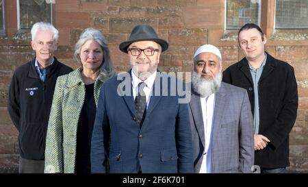 Scone, Perth, Scotland, UK. 1st Apr, 2021. PICTURED: (L-R) Brian Henderson; Linda Holt; George Galloway; Imam Manzoor Khan; James Glen who are all Candidates for Mid Scotland and Fife regional list vote. Exclusive images of George Galloway, Leader of the All For Unity Party. George Galloway is a British Politician, Broadcaster and writer. He currently presents the Mother of all Talk Shows on Radio Sputnik and Sputnik on RT UK. He is photographed for his official Party portrait for the 6th May Scottish Parliament Holyrood Elections. Pic Credit: Colin Fisher/Alamy Live News Stock Photo