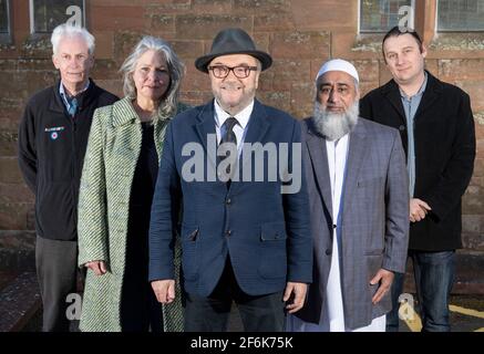 Scone, Perth, Scotland, UK. 1st Apr, 2021. PICTURED: (L-R) Brian Henderson; Linda Holt; George Galloway; Imam Manzoor Khan; James Glen who are all Candidates for Mid Scotland and Fife regional list vote. Exclusive images of George Galloway, Leader of the All For Unity Party. George Galloway is a British Politician, Broadcaster and writer. He currently presents the Mother of all Talk Shows on Radio Sputnik and Sputnik on RT UK. He is photographed for his official Party portrait for the 6th May Scottish Parliament Holyrood Elections. Pic Credit: Colin Fisher/Alamy Live News Stock Photo