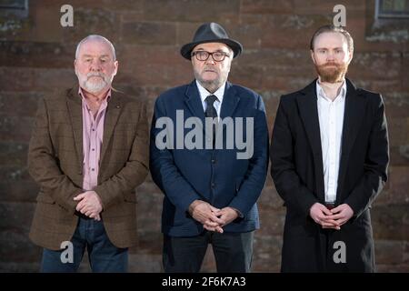 Scone, Perth, Scotland, UK. 1st Apr, 2021. PICTURED: (L-R) Arthur Keith - Candiate for North East Scotland; George Galloway; Scott Fenwick - Candidate for North East Scotland. Exclusive images of George Galloway, Leader of the All For Unity Party. George Galloway is a British Politician, Broadcaster and writer. He currently presents the Mother of all Talk Shows on Radio Sputnik and Sputnik on RT UK. He is photographed for his official Party portrait for the 6th May Scottish Parliament Holyrood Elections. Pic Credit: Colin Fisher/Alamy Live News Stock Photo