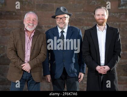 Scone, Perth, Scotland, UK. 1st Apr, 2021. PICTURED: (L-R) Arthur Keith - Candiate for North East Scotland; George Galloway; Scott Fenwick - Candidate for North East Scotland. Exclusive images of George Galloway, Leader of the All For Unity Party. George Galloway is a British Politician, Broadcaster and writer. He currently presents the Mother of all Talk Shows on Radio Sputnik and Sputnik on RT UK. He is photographed for his official Party portrait for the 6th May Scottish Parliament Holyrood Elections. Pic Credit: Colin Fisher/Alamy Live News Stock Photo