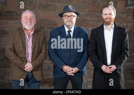 Scone, Perth, Scotland, UK. 1st Apr, 2021. PICTURED: (L-R) Arthur Keith - Candiate for North East Scotland; George Galloway; Scott Fenwick - Candidate for North East Scotland. Exclusive images of George Galloway, Leader of the All For Unity Party. George Galloway is a British Politician, Broadcaster and writer. He currently presents the Mother of all Talk Shows on Radio Sputnik and Sputnik on RT UK. He is photographed for his official Party portrait for the 6th May Scottish Parliament Holyrood Elections. Pic Credit: Colin Fisher/Alamy Live News Stock Photo