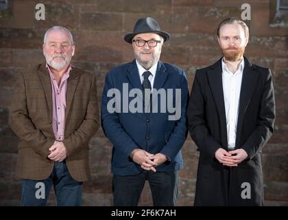 Scone, Perth, Scotland, UK. 1st Apr, 2021. PICTURED: (L-R) Arthur Keith - Candiate for North East Scotland; George Galloway; Scott Fenwick - Candidate for North East Scotland. Exclusive images of George Galloway, Leader of the All For Unity Party. George Galloway is a British Politician, Broadcaster and writer. He currently presents the Mother of all Talk Shows on Radio Sputnik and Sputnik on RT UK. He is photographed for his official Party portrait for the 6th May Scottish Parliament Holyrood Elections. Pic Credit: Colin Fisher/Alamy Live News Stock Photo