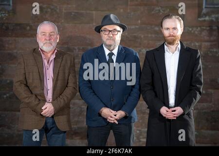 Scone, Perth, Scotland, UK. 1st Apr, 2021. PICTURED: (L-R) Arthur Keith - Candiate for North East Scotland; George Galloway; Scott Fenwick - Candidate for North East Scotland. Exclusive images of George Galloway, Leader of the All For Unity Party. George Galloway is a British Politician, Broadcaster and writer. He currently presents the Mother of all Talk Shows on Radio Sputnik and Sputnik on RT UK. He is photographed for his official Party portrait for the 6th May Scottish Parliament Holyrood Elections. Pic Credit: Colin Fisher/Alamy Live News Stock Photo