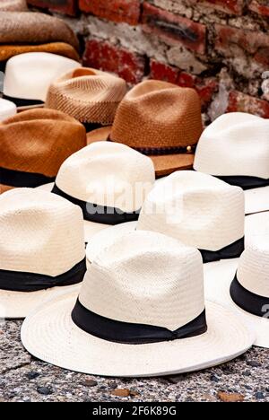 Shopping and Souvenirs - Hats sold on the street in Cartagena de Indias - Colombia Stock Photo