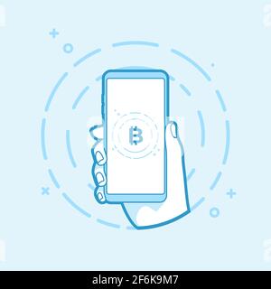 Hand holding smartphone with bitcoin currency. Online bitcoin business concept. vector Stock Vector