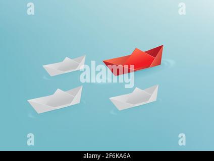 Origami red paper boat floating in front of white paper boats. Leadership concept. Stock Vector