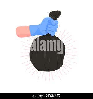 Hand was wearing blue gloves and was carrying a black garbage bag. Stock Vector