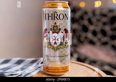 Tyumen, Russia-February 13, 2021: Thron Lager Germany, Dargun Reinheitsgebot, Deutsch Import selective focus Stock Photo