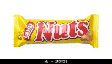 Samara, Russia - March 2021. Product shot of Nestle Nuts chocolate bar isolated on white Stock Photo