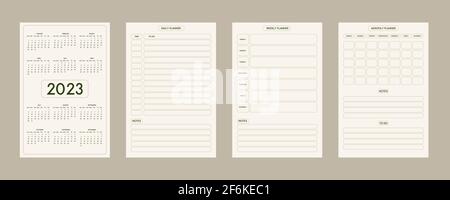 2023 calendar daily weekly monthly personal planner diary template minimalist trendy style, pastel beige olive natural color palette. Week starts on sunday Stock Vector