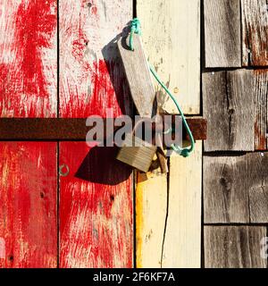 Padlock on a rustic shack at Peggys Cove in Nova Scotia, Canada. Stock Photo