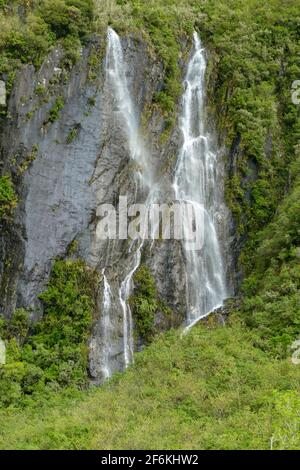 Waterfalls around the Franz Josef Glacier on the West Coast at the South Island of New Zealand Stock Photo