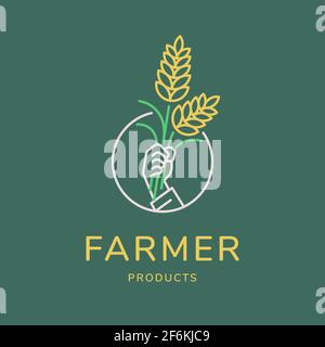 Farmer hand with rice vector illustration for agricultural concept. Minimal thin line style. Stock Vector