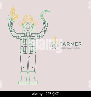 Happy farmer illustration show hands up with rice and sickle vector illustration for agricultural concept. Minimal thin line art and three tone style. Stock Vector