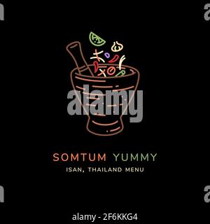 Green papaya salad (Som Tum) line art vector illustration. Som tam,thai cuisine menu. Som Tum is Thai language mean to green papaya salad food menu. Stock Vector