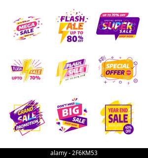 Sale banner badges design template vector set. Various style colorful concepts,year end,summer,flash,grand sale promotion Stock Vector