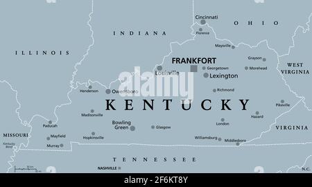 Kentucky, KY, gray political map, with capital Frankfort and largest cities. Commonwealth of Kentucky. State in Southeastern region of United States. Stock Photo