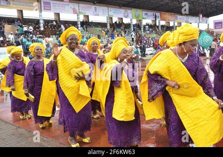 Nigerian women showcasing their traditional attire in paying homage to the traditional ruler of Ijebu Land during the Ojude Oba Festival in Nigeria. Stock Photo