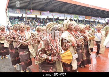 Nigerian women showcasing their traditional attire in paying homage to the traditional ruler of Ijebu Land during the Ojude Oba Festival in Nigeria. Stock Photo